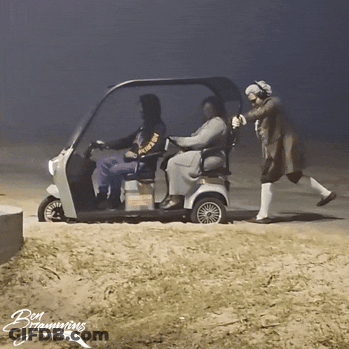 Man Pushing Golf Cart With Two People And Words Ben Jamming GIF