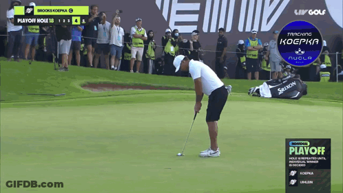 Man Putting Golf Ball On Green With Playoff Banner GIF