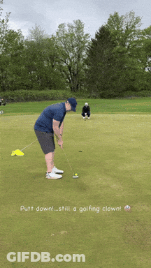 Man Putting Golf Ball With Putt Down Still Golfing Clown GIF