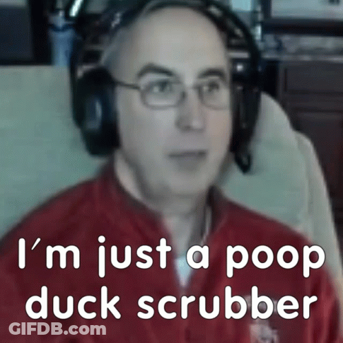 Man Red Shirt Headphones Says Poop Duck Scrubber GIF