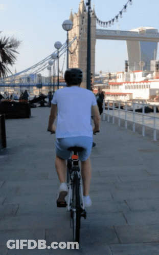 Man Riding Bike In Front Of Bridge GIF