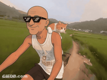 Man Riding Bike With Cat On Shoulder Saying Brother Eli GIF