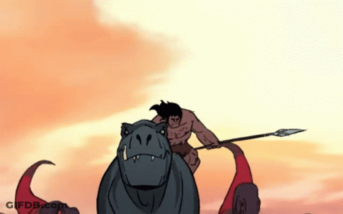 Man Riding Dinosaur With Spear GIF