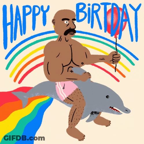Man Riding Dolphin Holding Red Balloon Happy Birthday GIF