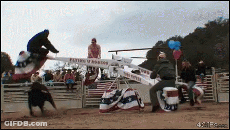 Man Riding Flying U Rodeo And Man On Seesaw GIF