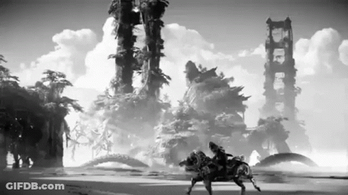 Man Riding Horse In Black And White Video Game GIF
