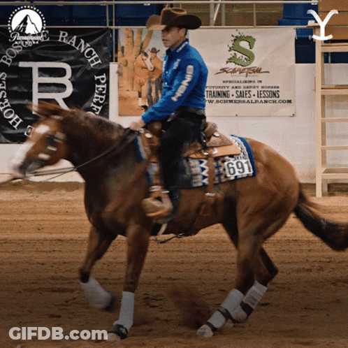 Man Riding Horse In Front Of Ranch Perform Sign GIF
