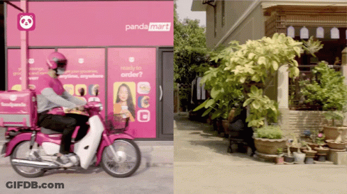 Man Riding Motorcycle At Pandamart Store GIF