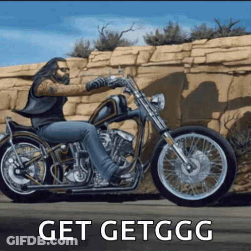 Man Riding Motorcycle With Get Getgg Below GIF