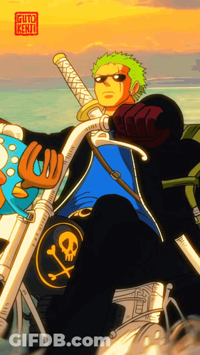 Man Riding Motorcycle With Skull And Crossbones Patch GIF