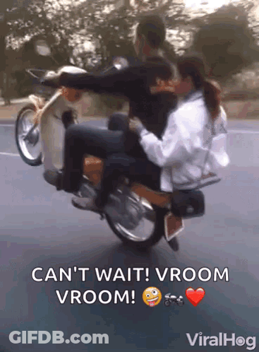Man Riding Motorcycle With Woman Saying Can't Wait Vroom Vroom GIF