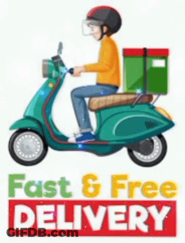 Man Riding Scooter Box Fast Free Delivery Sign GIF
