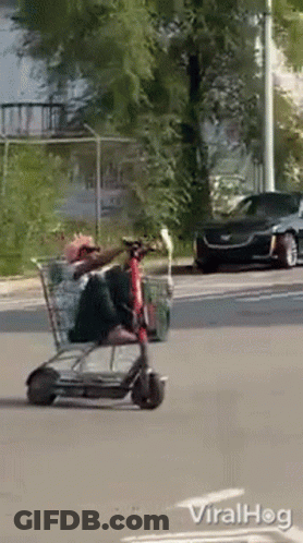 Man Riding Shopping Cart Scooter GIF