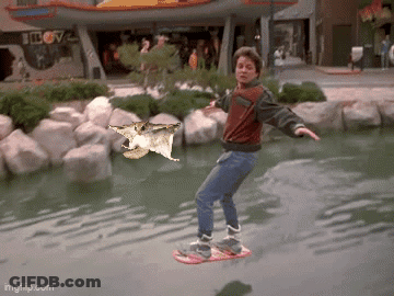Man Riding Skateboard Over Water With Bat GIF