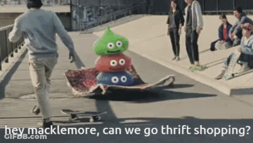 Man Riding Skateboard With Balloons Saying Hey Macklemore Can We Go Thrift Shopping GIF