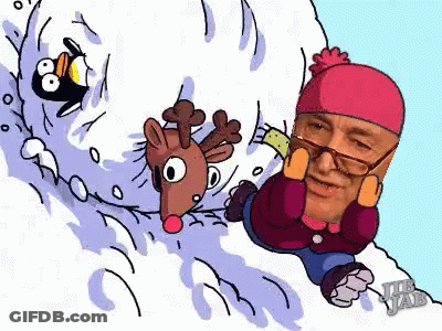 Man Riding Snowy Hill With Reindeer And Penguin GIF