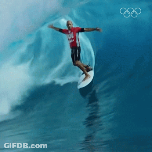 Man Riding Wave On Surfboard With Olympics Logo GIF
