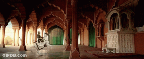 Man Riding White Horse In Hallway GIF