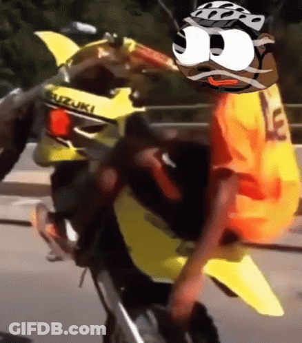 Man Riding Yellow Suzuki Motorcycle With Cartoon Face GIF