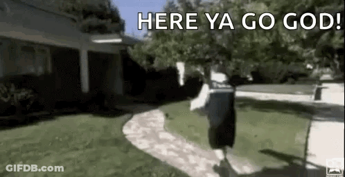Man Running Down Sidewalk Saying Here Ya Go God GIF