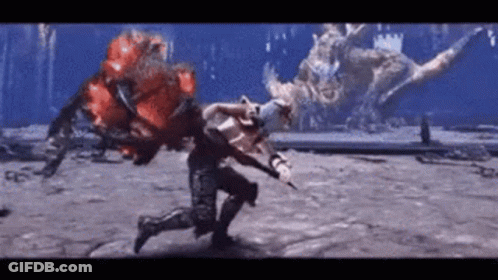 Man Running From Monster Holding Sword GIF