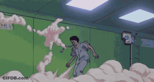 Man Running In Room With Smoke From Ceiling GIF