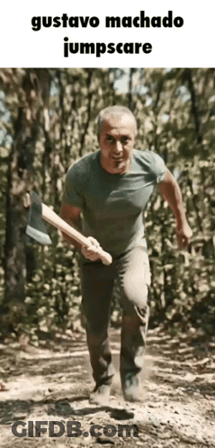 Man Running In Woods Holding Axe Jumpscare GIF
