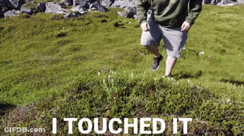 Man Running On Grassy Hill Saying I Touched It GIF