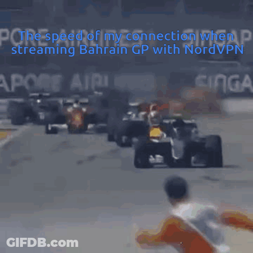 Man Running On Race Track Saying The Speed Of My Connection When Streaming Bahrain GP With NordVPN GIF