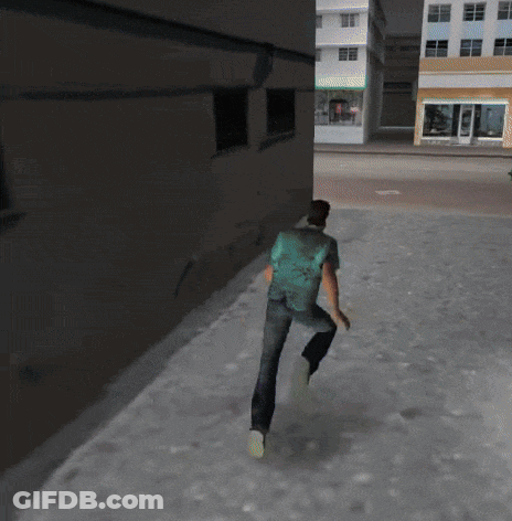 Man Running Past Car In Front Of 1822 Building GIF