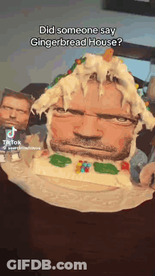 Man's Face On Gingerbread House Cake GIF