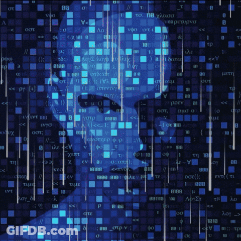 Man's Face Surrounded By Blue Squares And Letters GIF