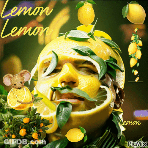 Man's Face With Lemons And Leaves GIF