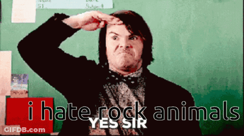 Man Saluting In Front Of I Hate Rock Animals GIF