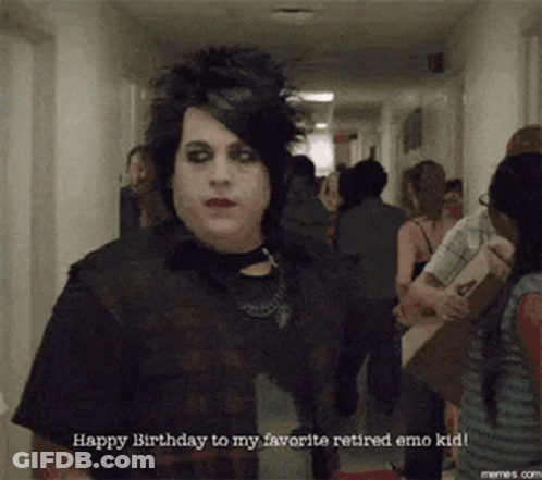 Man Saying Happy Birthday To Retired Emo Kid In Hallway GIF