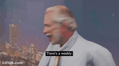 Man Saying There's A Weekly In Front Of Sign GIF