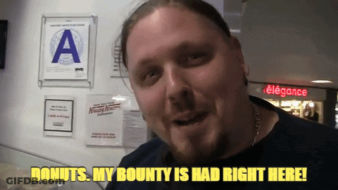 Man Says Donuts My Bounty Is Had Right Here In Front Of Krispy Kreme Sign GIF