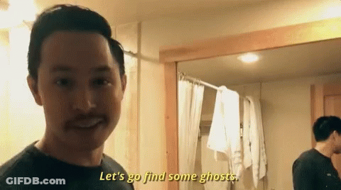 Man Says Let's Go Find Some Ghosts In A Bathroom GIF