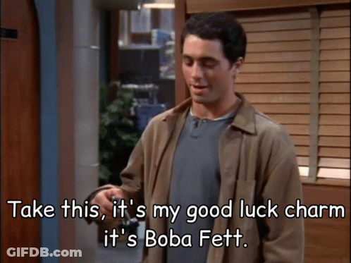 Man Says Take This Boba Fett Good Luck Charm GIF