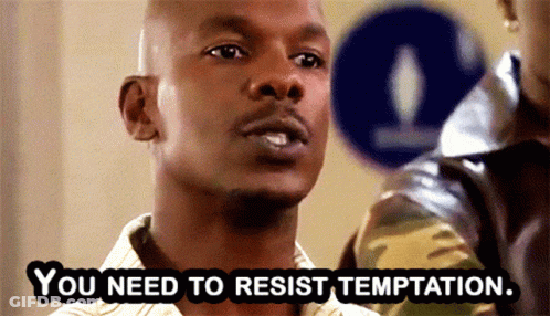 Man Says You Need To Resist Temptation Next To Blue Sign GIF