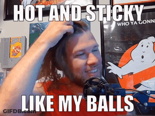 Man Scratching Head In Front Of Ghost Poster Saying Hot And Sticky Like My Balls GIF
