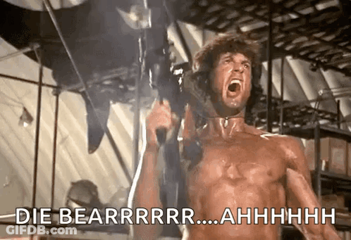 Man Shirtless Holding Gun Screaming Die Bearrrr GIF