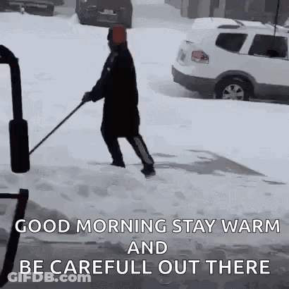 Man Shoveling Snow Beside Parked Car GIF