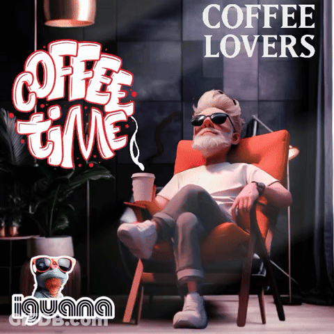 Man Sits In Chair With Cup Of Coffee In Front Of Coffee Time Sign GIF