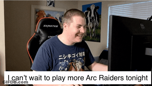 Man Sitting At Computer Saying I Can't Wait To Play More Arc Raiders Tonight GIF