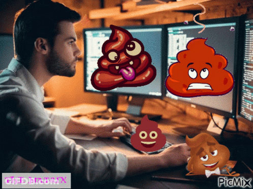 Man Sitting At Computer With Poop Picture GIF