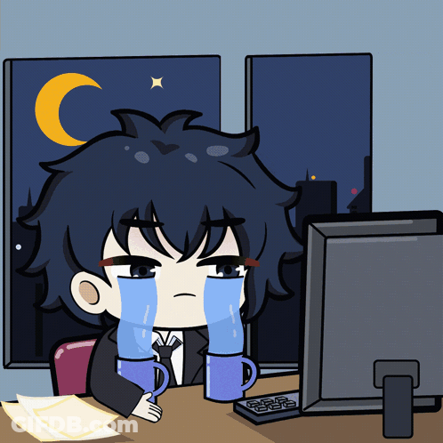 Man Sitting At Computer With Two Cups Of Water GIF