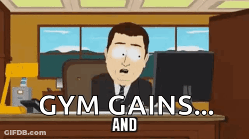 Man Sitting At Desk Saying Gym Gains GIF