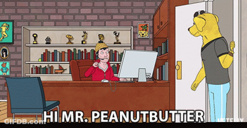Man Sitting At Desk Saying Hi Mr Peanutbutter GIF