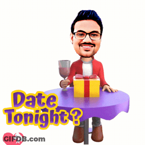 Man Sitting At Table With Gift And Wine Saying Date Tonight GIF